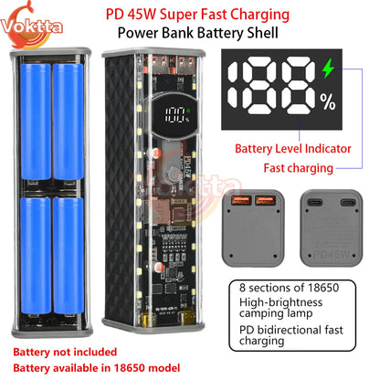 PD 45W Super Fast Charging Transparent Power Bank Battery Shell Welding Free 8 sections 18650 Battery Box With Outdoor Light