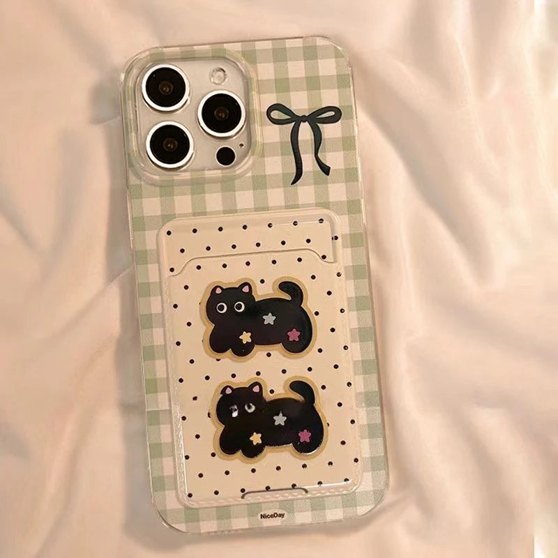 Card bag with transparent grid ripple points, two cat phone cases with hanging ropes for iPhone 11 12 13 4 15 16 promax