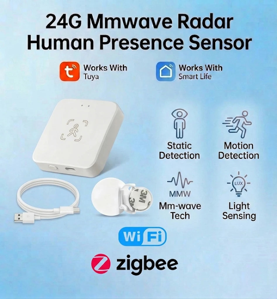 Zigbee/WiFi Smart Human Presence Sensor Tuya 24Ghz MmWave Radar Detection Luminance/Distance Detection  Support Home Assistant