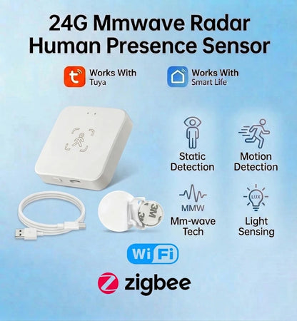 Zigbee/WiFi Smart Human Presence Sensor Tuya 24Ghz MmWave Radar Detection Luminance/Distance Detection  Support Home Assistant