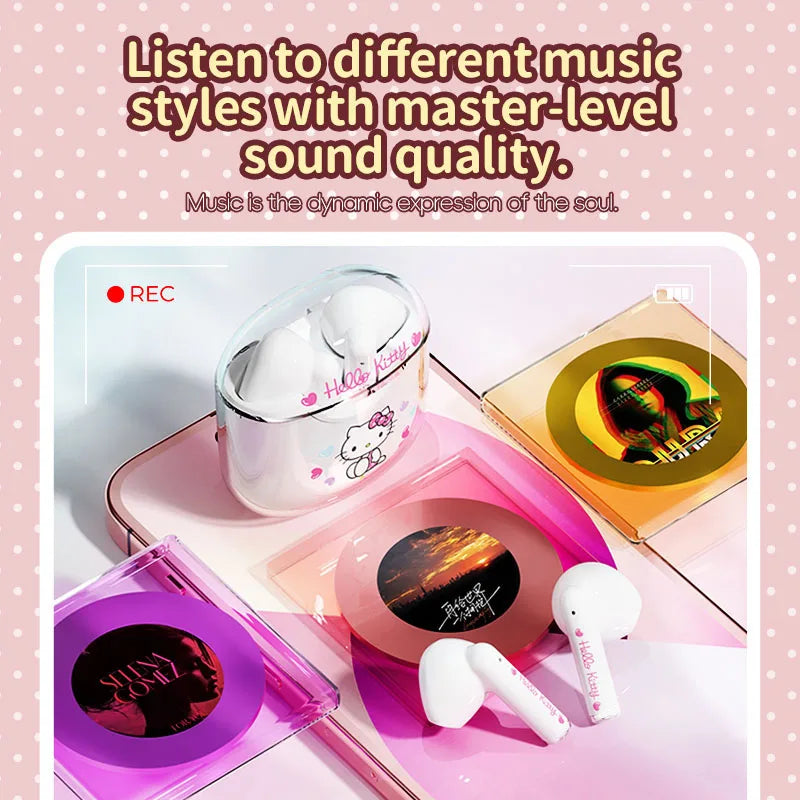 EBL19 Tws Wireless Bluetooth Headset Transparent Case Cute Hello Kitty Design Stereo Sound Earphones for All Smartphones