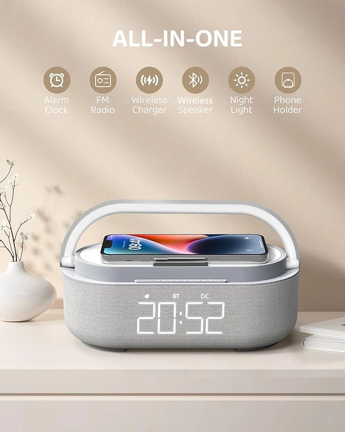 2500mAh Bluetooth Speaker with Wireless Charger, FM Radio & Dimmable Light - Portable Dual Speaker for Bedroom, Office & Gifts