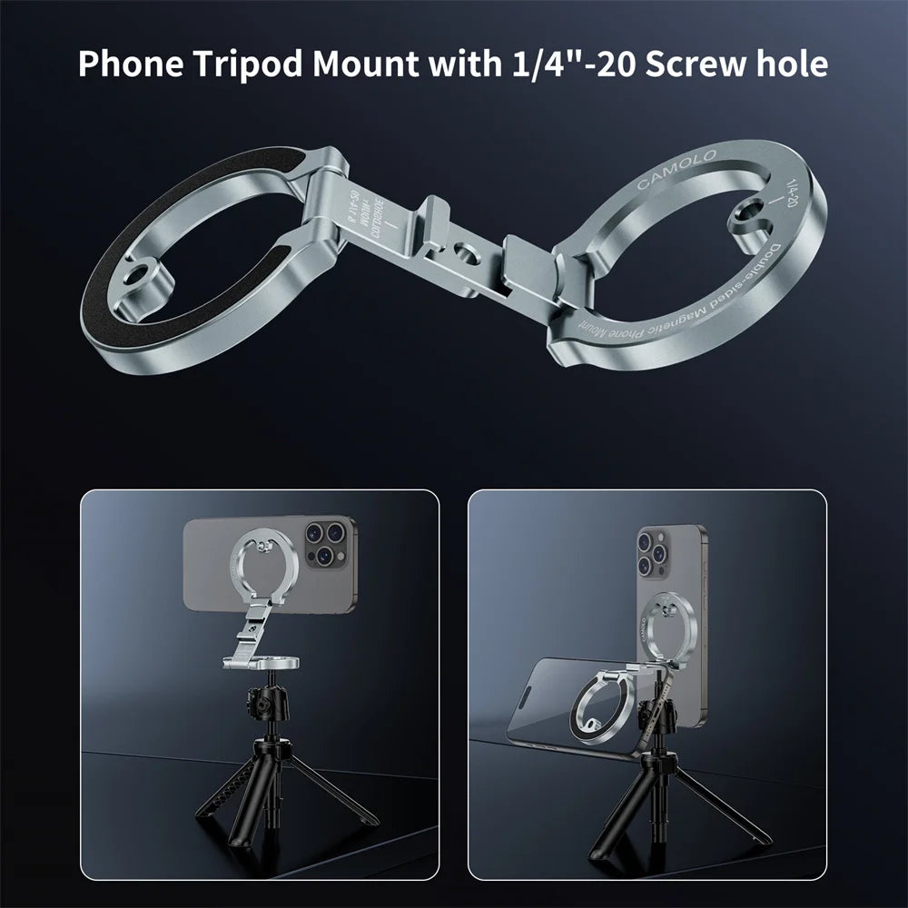 New Dual-Sided Magnetic Phone Holder w ColdShoe 1/4"-20 For MagSafe iPhone 16 15 14 Android Tripod Gym Car Holder Phone Stand