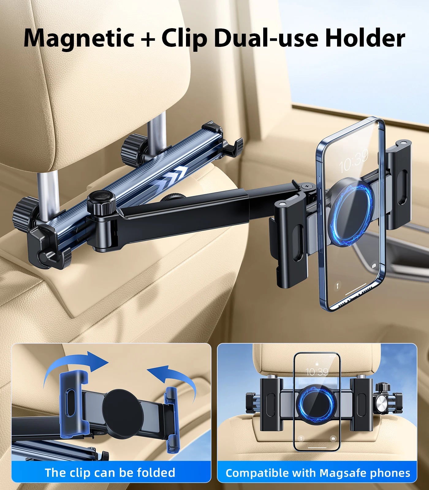Eary Car Headseat Magnetic Tablet Holder Phone Stand Back Rear Seat Car Accessories 360°Rotatable Foldable Bracket for iPad Pro