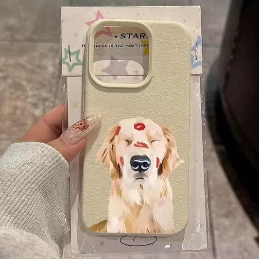 Cute Golden Retriever Red Lip Print Phone Case For iPhone 17 16 15 14 13 12 11 Pro Max X XS XR Plus Air Shockproof Bumper Cover