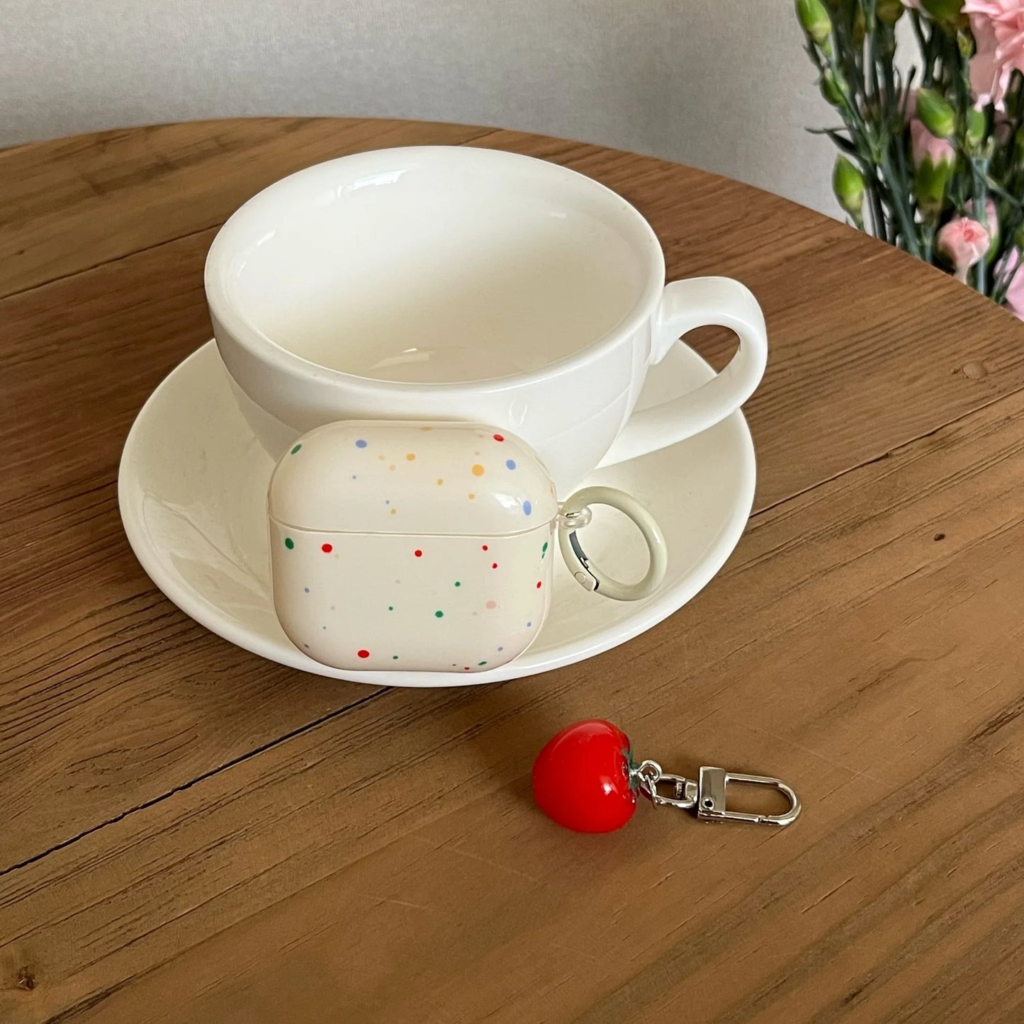 Korean Fashion Color Splash Ink Polka Dot Pure Color with Ring and Tomato Pendant Cover for AirPods 1 2 3 4 Pro 2 Pro 3