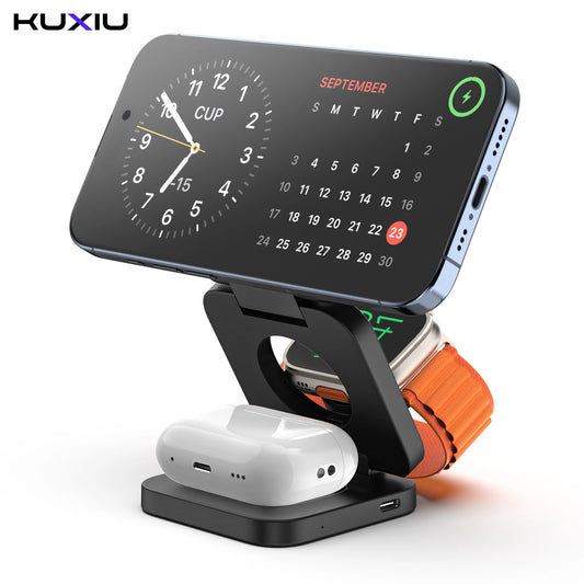 KUXIU X55 Magsafe Wireless Charging Station for iPhone 17 16 15 14 13 12 Pro/Max,5W for iWatch, AirPods,Foldable Phone Hold