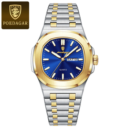 POEDAGAR Classic Square Men Wristwatch Waterproof Luminous Date Week Casual Man Clock Stainless Steel Men's Quartz Watches Reloj