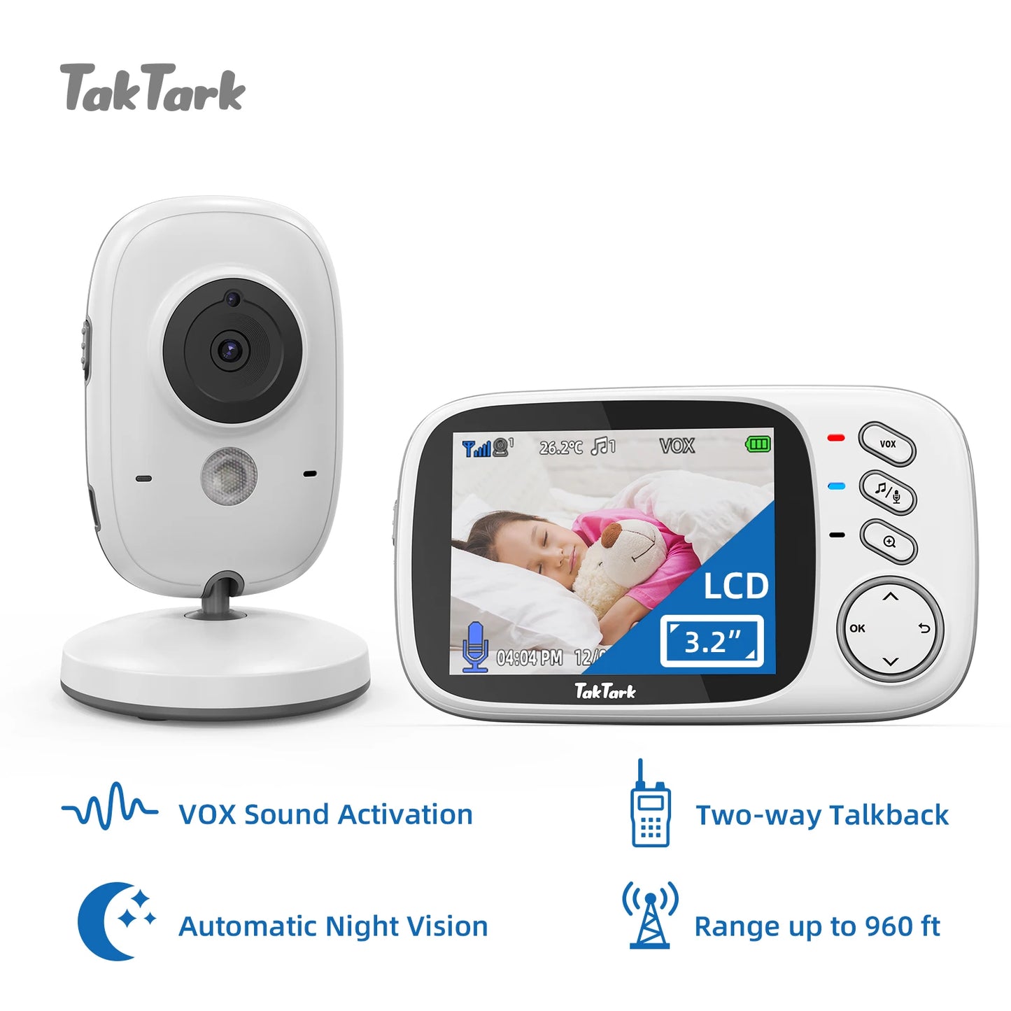 TakTark 3.2 Inch Video Baby Monitor 2.4G Wireless with Auto Night Vision TwoWay Intercom Surveillance Security Camera Babysitter