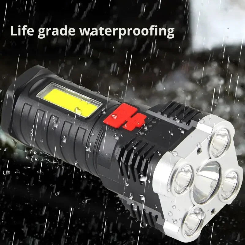 High-power rechargeable flashlight with side light, 3 lighting modes, suitable for camping, outdoor activities, and adventures