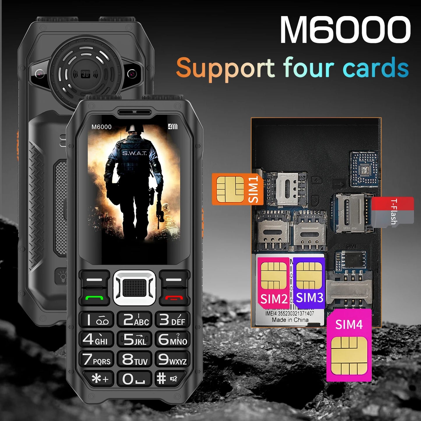 Durable Outdoor Senior Phone Magic Voice 4 Quad Sim Cards Large Battery Powerbank Speed Dial Big Button Loud Voice Dual Torch