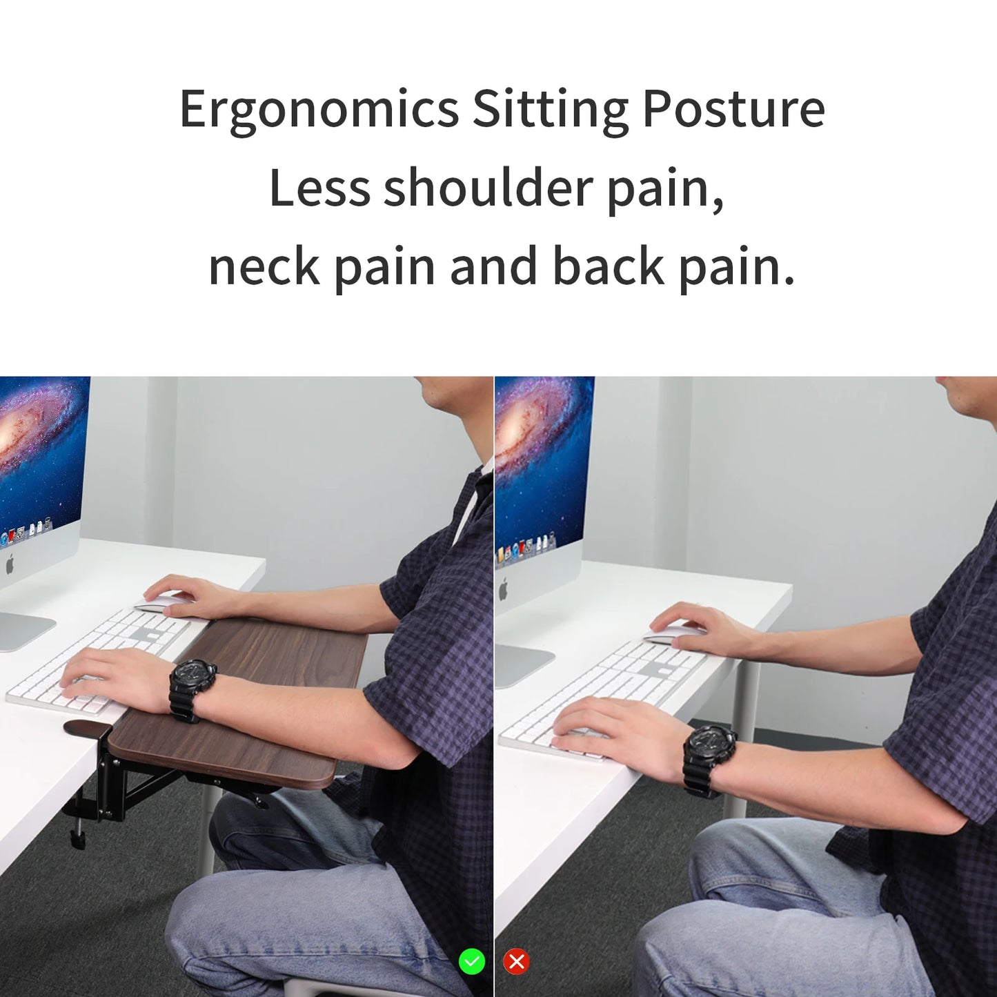 Walnut Wooden Desk Extender Ergonomic Design Large Space Foldable Structure Clamp- On Keyboard Tray Elbow Arm Support for Desk