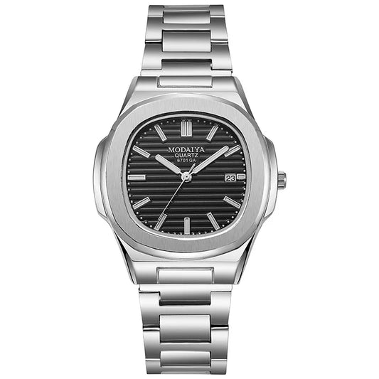 Fashion Luxury Business Square Quartz Watches Classic Stripe Design Dial with Stainless Steel Band Wristwatch for Men Relogio