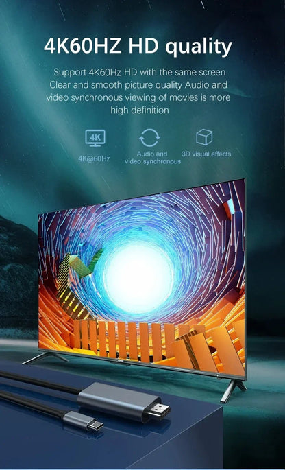 USB C to HDMI 4K 60Hz Adapter Cable Type C HDTV Converter for iPhone 15 iPad MacBook Air Samsung Laptop and TV Display