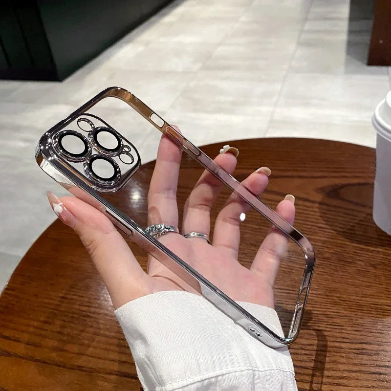 Luxury Plating Clear Silicone Phone Case For iPhone 16 15 14 13 12 11 Pro Max Plus X XR XS Mini Lens Protection Case Back Cover