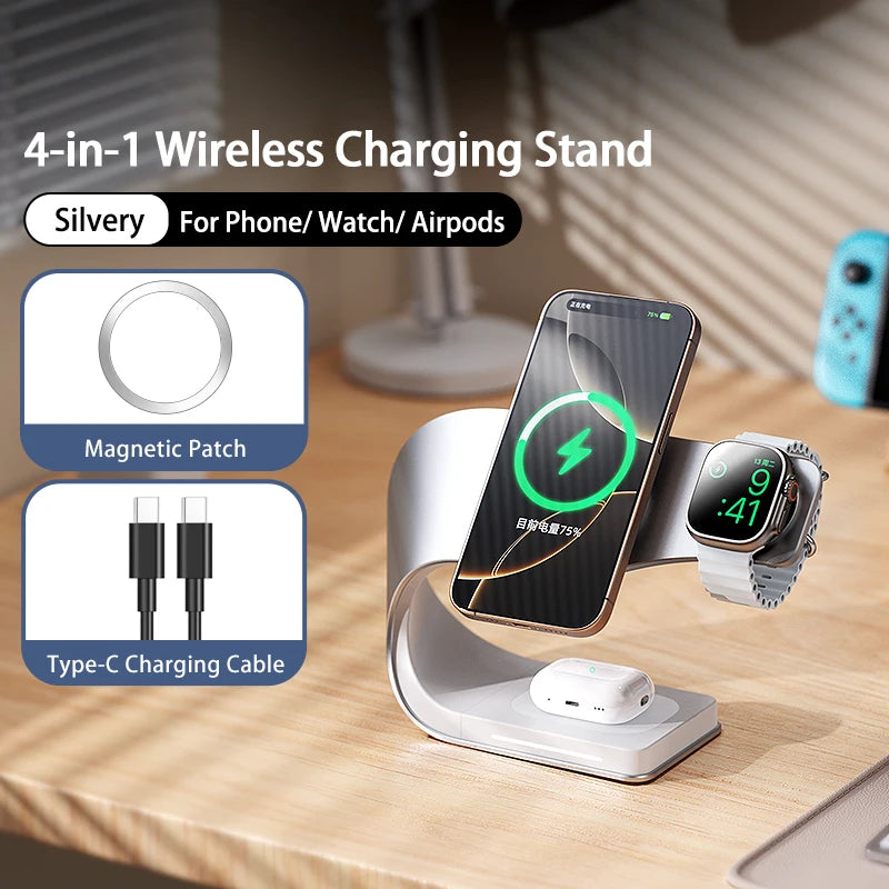 Qi 15W Magnetic Wireless Charger 4 in 1 Metal Shell 15W Fast Charging Station Stand for iPhone 12-17 Mobile Phones Airpods Watch