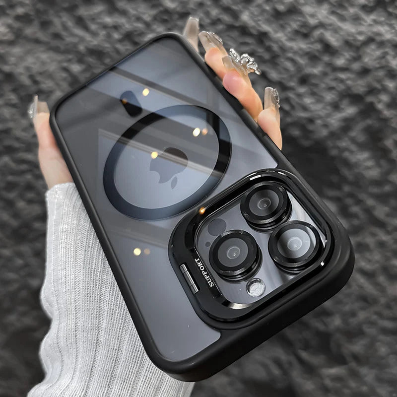 Luxury Lens Holder Transparent Magnetic Wireless Charge Case For iPhone 11 12 13 14 15 16 17 Air Pro Max Plus Shockproof Cover