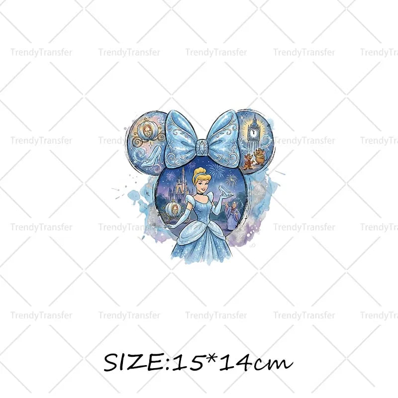 Mouse Head Princess Iron on Transfers for Clothes Heat Press Stickers Thermal Patches on Tees