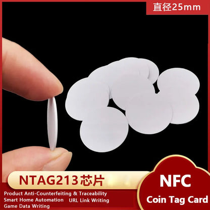 NFC215 White Rewritable NTAG215 NFC Round Coin Cards 25mm, 13.56MHz 504 Bytes Smart Labels for NFC Phones & Games