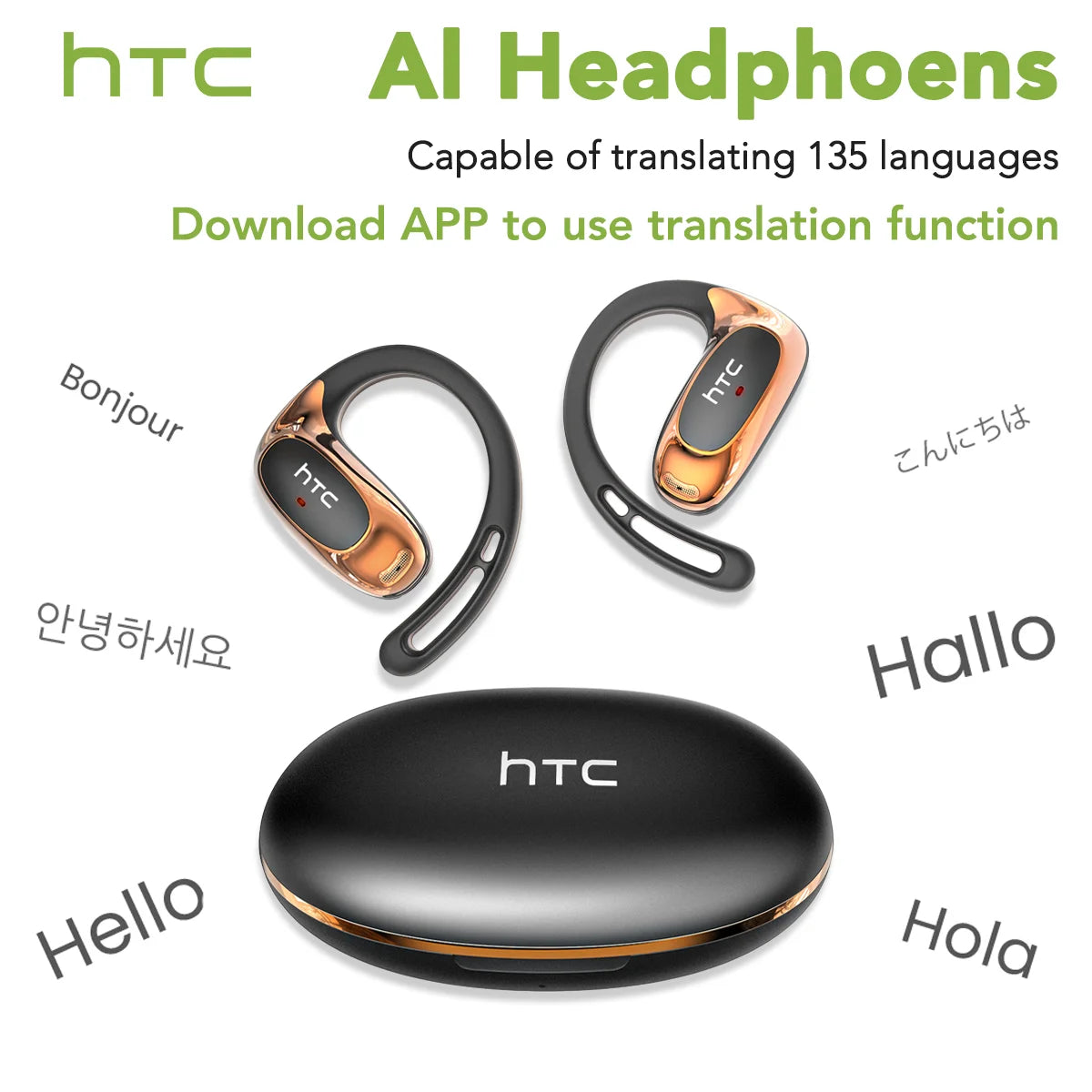 HTC NE35  Wireless Headphones OWS Bluetooth V6.0 Earphones with Mic HD Call Bass Longlife Sports Earhook AI Translator Earbuds