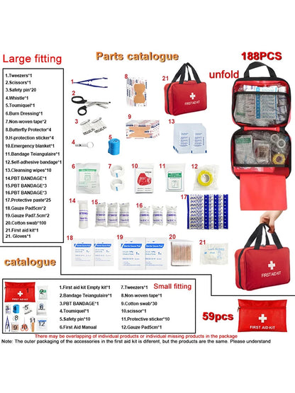 First Aid Kit - 188 pcs - for car, home, travel, camping, office or sport, fully stocked with emergency and survival essentials