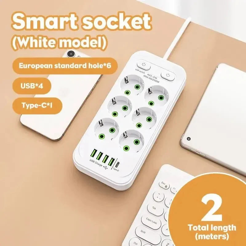 EU Plug AC Outlets Multitap Socket 2M Extension Cord Electrical Power Strip USB Type C Fast Charging Network Filter Adapter 1pc