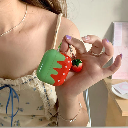 Cute Lovely White Polka Point Red Strawberry Glossy Shockproof Protective Cover Case For AirPods 4 3 Pro 2 1 with Charm Pendant