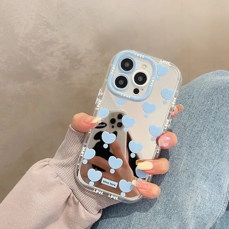 Simple Blue Love Bow Mirror Phone Case For iPhone 16 15 14 13 12 11 Pro Max XR XS MAX 7 8 PLUS MINI Y2K Shockproof Cover