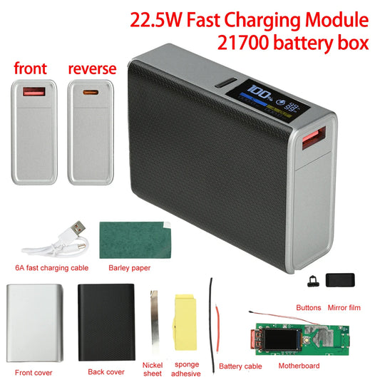 22.5W Fast Charging DIY Power Bank Kit 0.96" TFT Color Screen Dual USB Type-C for 21700 Battery Multi-Protocol Portable Charger