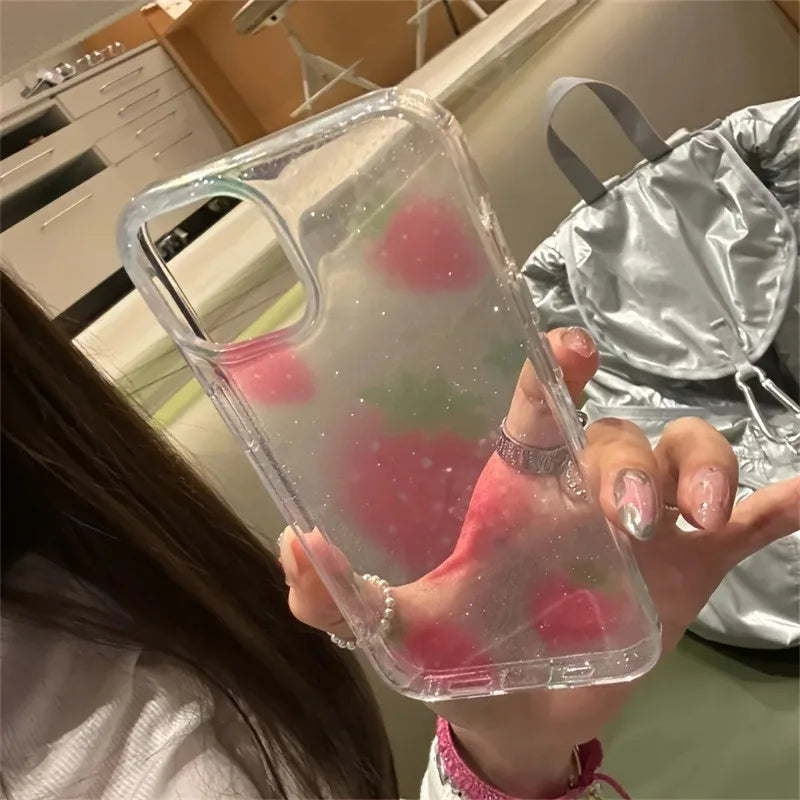 Cute Glitter Strawberry Clear Phone Case For iPhone 17 16 15 14 13 12 11 Pro Max 16E XS X XR 7 8 Plus Lovely Bwoknot Soft Cover