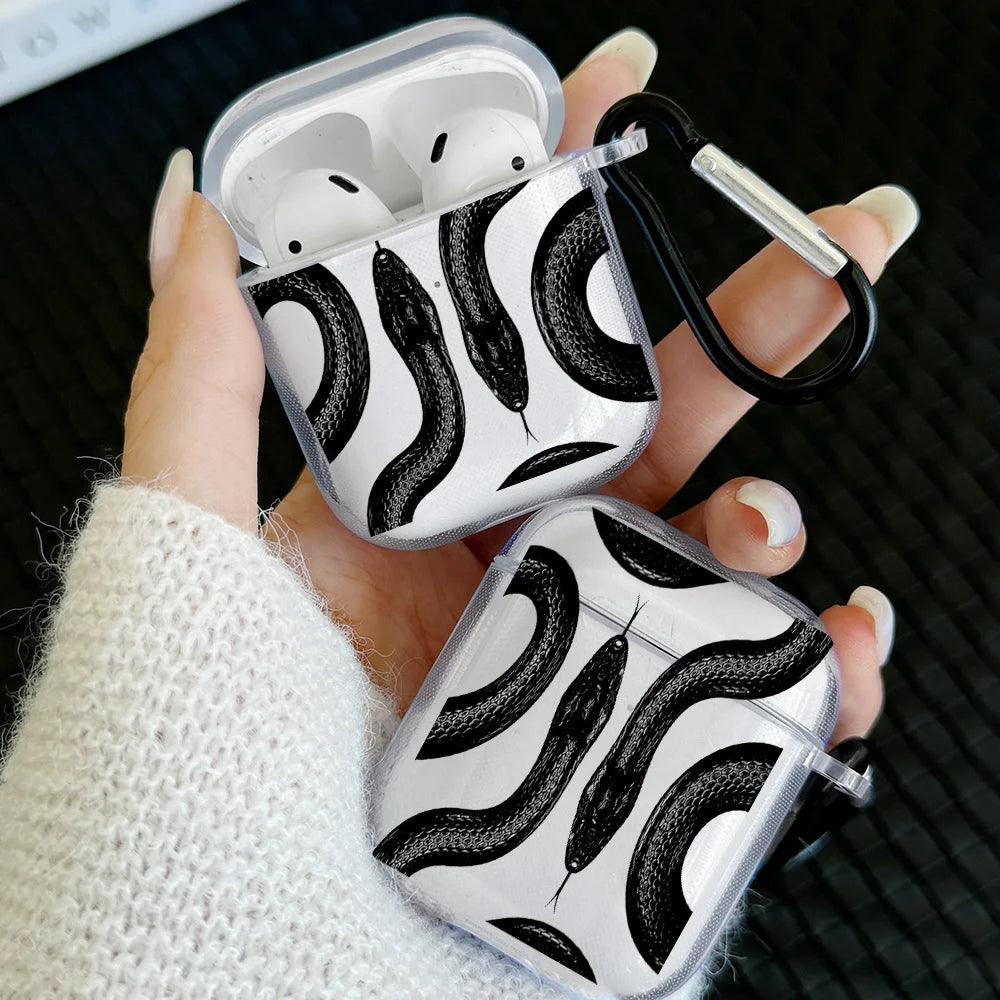 Simple Black Snake Design Case For AirPods 4 3 1 2 Gen TPU Earbuds Case For AirPods Pro 2/Pro Cover with Keychain Accessory