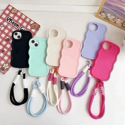 S24FE Cute Pure Color Wave l Hand Strap Case For Samsung S23FE S24 S24U S23 S22S21FE S20FE M55 M54 Bumper Shockproof Cover