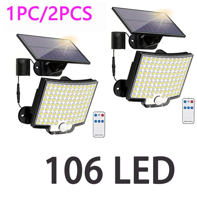 106LED Solar Outdoor Lights Motion Sensor Remote Wall Flood Lamp Security Waterproof Patio Garden Garage Fence Pathway Lighting