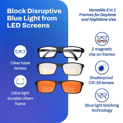 Versa Blue Light Blocking Glasses – with Interchangeable 50% and 99% Blocking Lenses