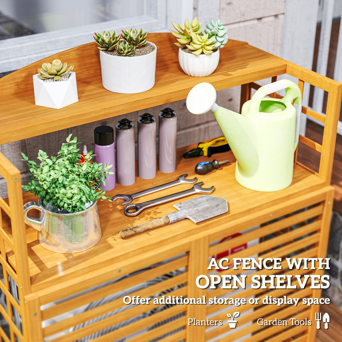 Outdoor Air Conditioner Fence Privacy Screen, Wood AC Fence Potting Table With Shelves For Patio, Light Brown