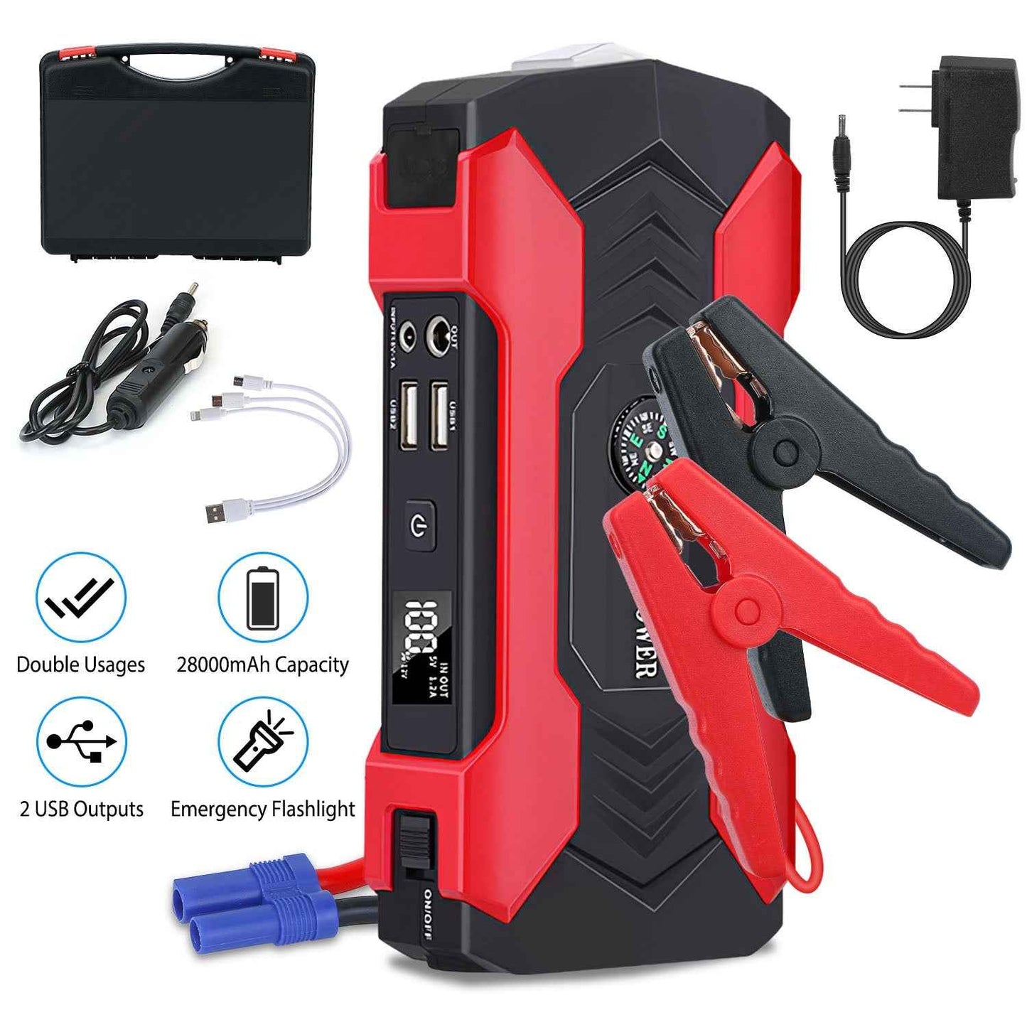 Car Jump Starter 800A 28000mAh with LCD & LED Light